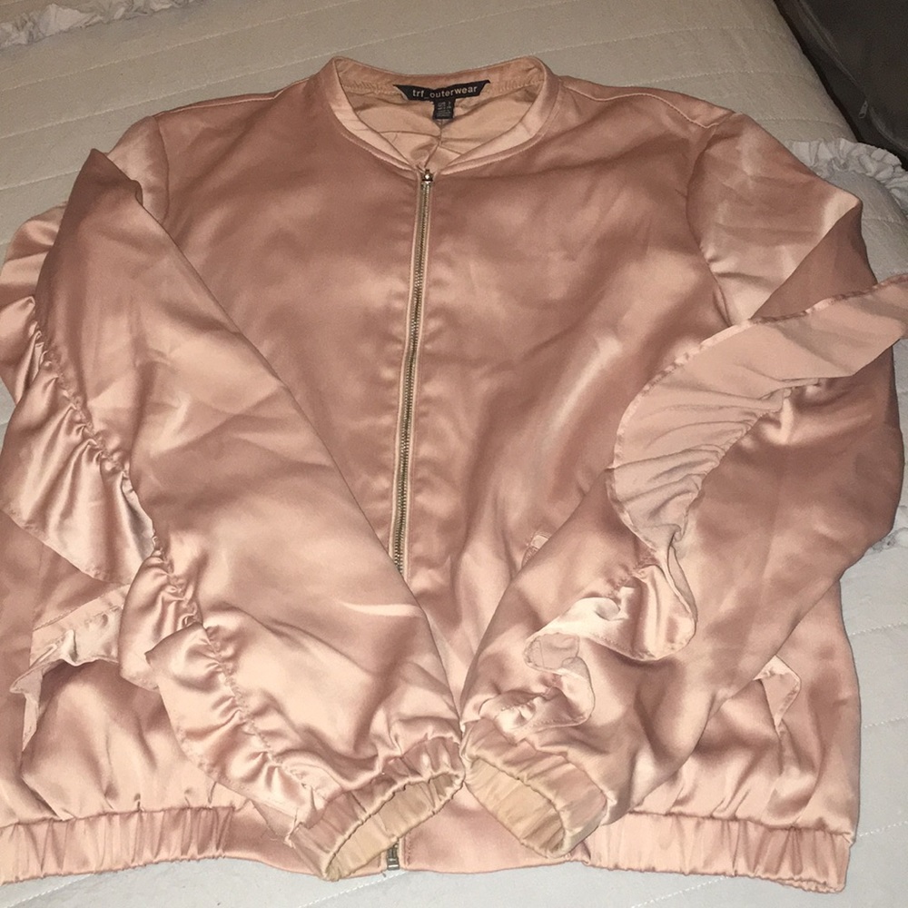 Zara Trf Faux Satin Mauve Ruffled Bomber Jacket